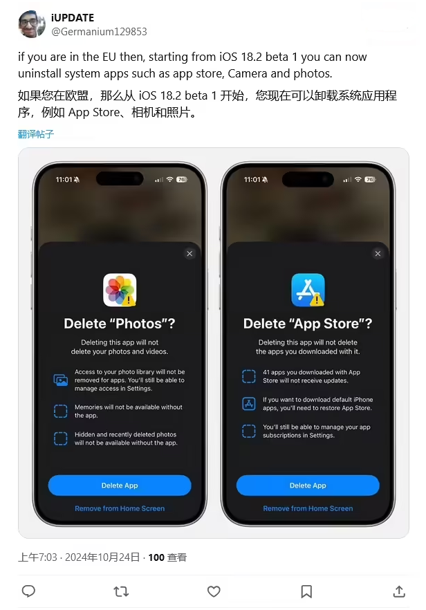 东乡苹果手机维修分享iOS 18.2 支持删除 App Store 应用商店 