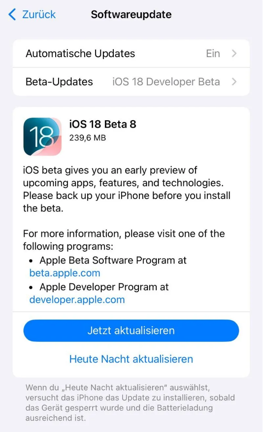 东乡苹果手机维修分享苹果 iOS / iPadOS 18 开发者预览版 Beta 8 发布 